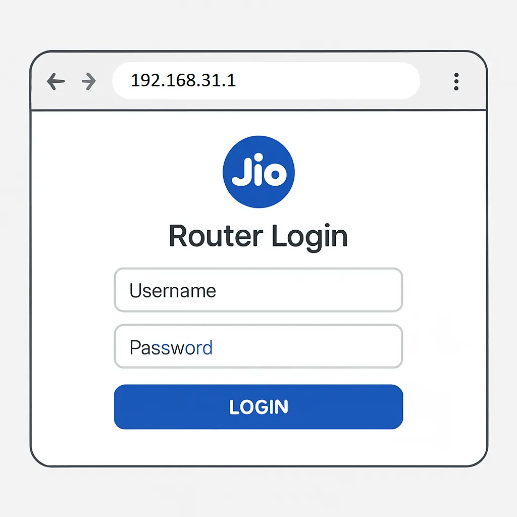 Jio router login page showing 192.168.31.1 IP address with username and password fields